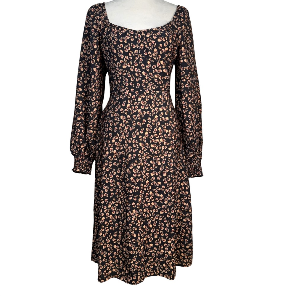 a.n.a Floral Sweetheart Midi Dress Pockets Smocked Balloon Sleeve M Boho Retro - Picture 9 of 16